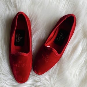 FENDI Vintage Red Velvet & Gold monogrammed loafers x shoes x slippers